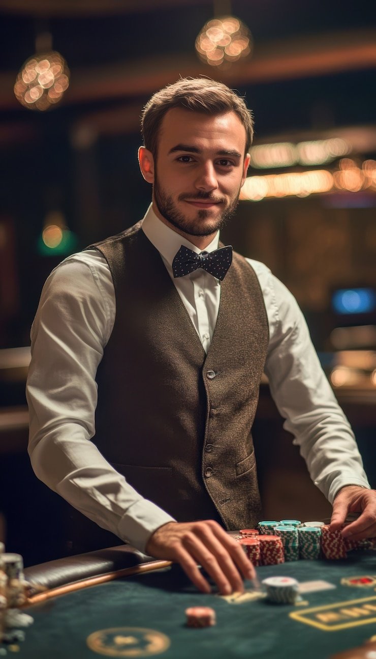 Studio live-dealer gardenscapes dengan meja baccarat dan dealer manusia